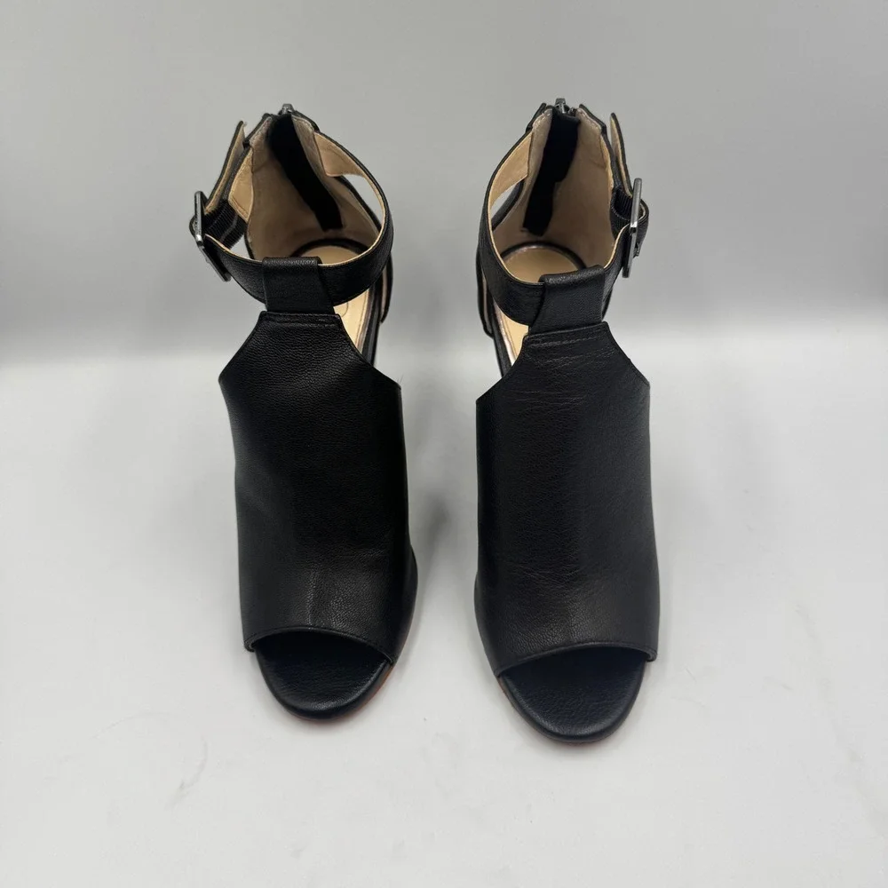 Jessica Simpson Crimsella Black Leather Wedge Sandals Peep Toe Ankle Strap 7M
